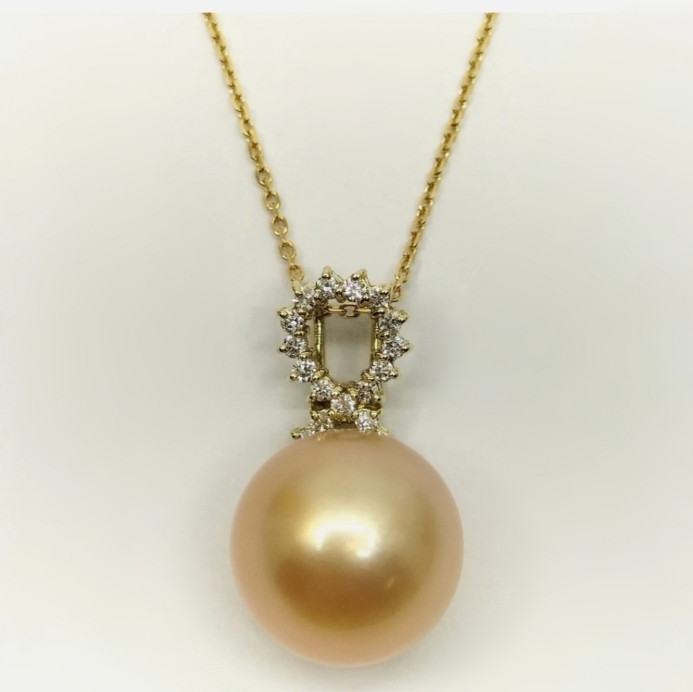 18K Yellow Gold Golden South Sea Pearl Diamond Pendant Necklace - Picture 12 of 14